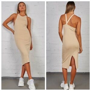 SNDYS Lucid Ribbed Midi Dress Women’s Small Beige Bodycon Casual Minimalist Chic